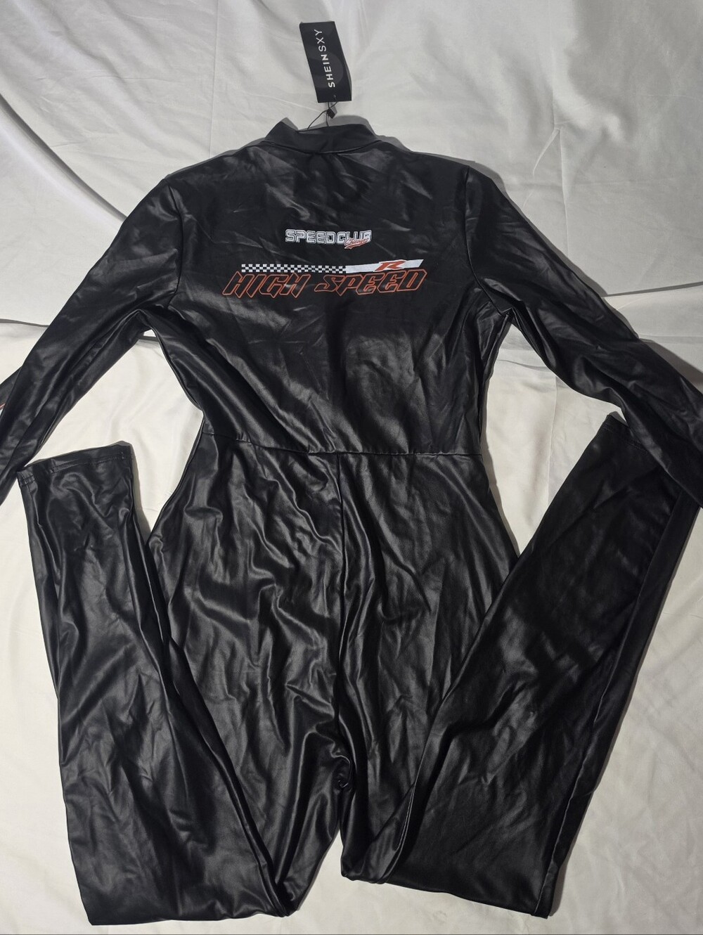 SHEIN Black High-Speed Faux Leather Jumpsuit